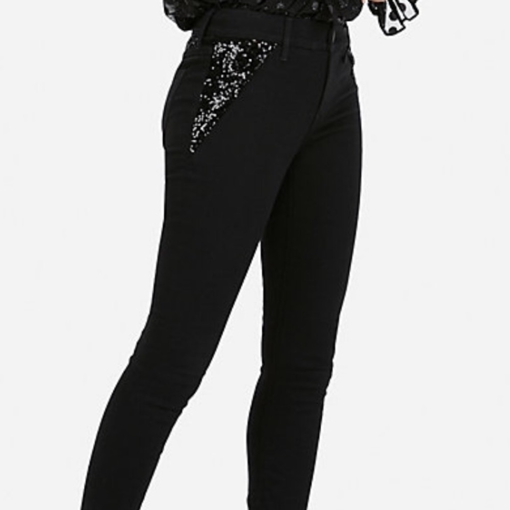 Express Mid Rise Black Sequin Pocket Jean Leggings